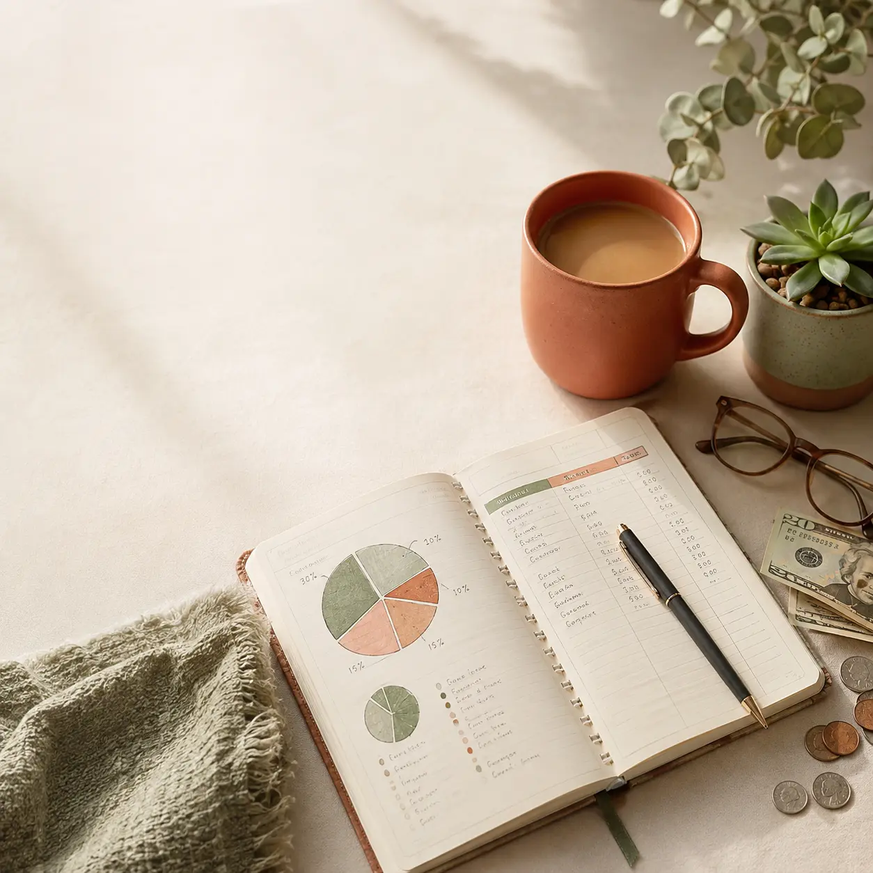 Cozy flat-lay of a budget planner, coffee mug, and cash on a wooden desk